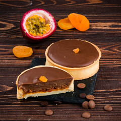 chocolate tartlet with passion fruit