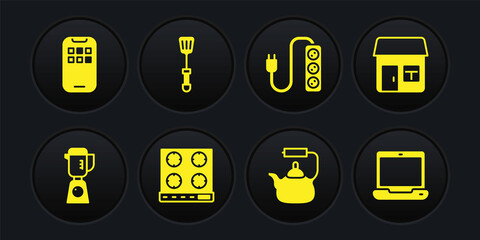 Set Blender, House, Gas stove, Kettle with handle, Electric extension, Spatula, Laptop and Mobile Apps icon. Vector
