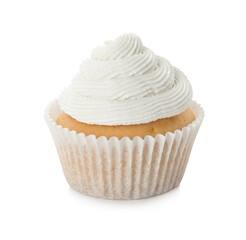 Tasty cupcake with frosting isolated on white