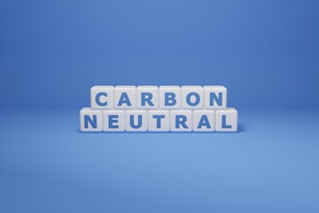 3d carbon neutral sign for web image - co2 reduction concept made with cubes blocks on full white blue background - green energy for clean environment - progress in co2 reduction alarm in the air