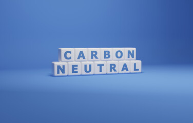 3d carbon neutral sign for web image - co2 reduction concept made with cubes blocks on full white blue background - green energy for clean environment - progress in co2 reduction alarm in the air