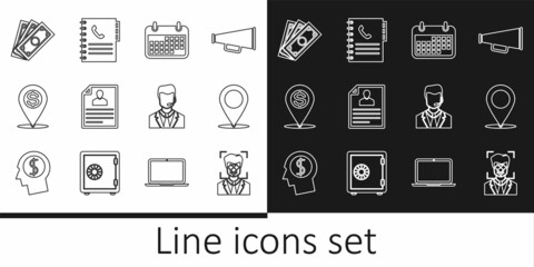 Set line Face recognition, Map pin, Calendar, Resume, Cash location, Stacks paper money cash, Man with headset and Phone book icon. Vector