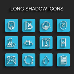 Set line Envelope with Valentine heart, Refresh, Dental protection, Water drop, Clipboard dental card, Coffee pot cup, Graduation cap mobile and machine and icon. Vector