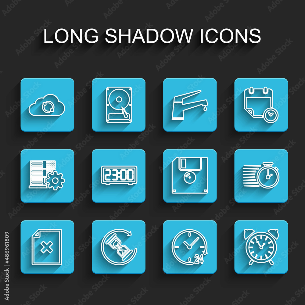 Poster set line delete file document, waiting, cloud sync refresh, clock 24 hours, alarm clock, digital ala