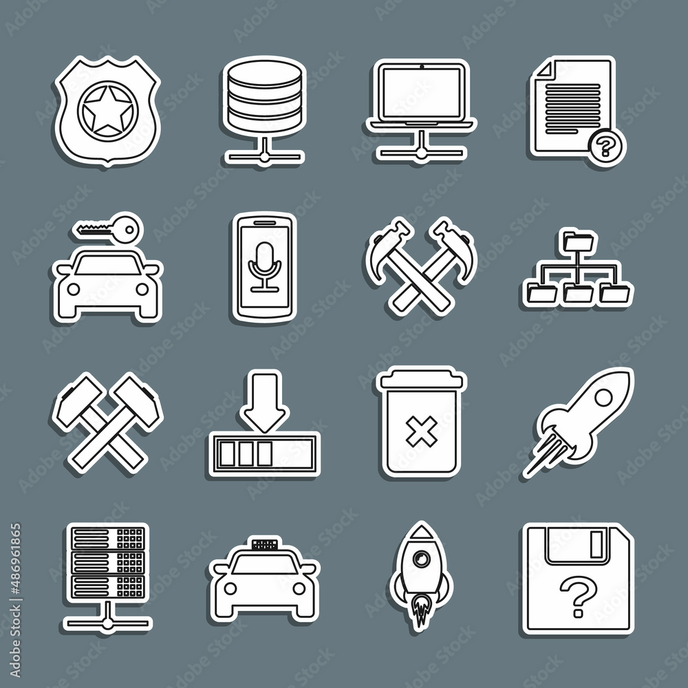 Poster set line unknown document, rocket ship with fire, folder tree, computer network, mobile recording, c