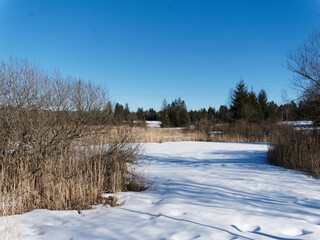 Schneebedeckten und Idyllischen Naturlandschaftsraum von Kirchseemoos bei Sachsenkam und Bad-Tolz...