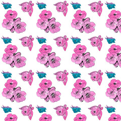Seamless floral pattern with watercolor blooming pink flowers. Spring and summer ornament.