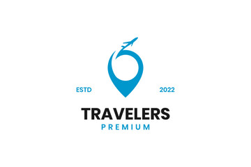 Travel agency logo with airplane and location icon design vector template