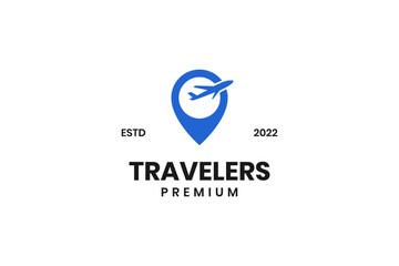 Travel agency logo with airplane and location icon design vector template