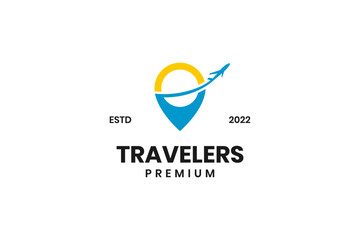 Travel agency logo with airplane and location icon design vector template