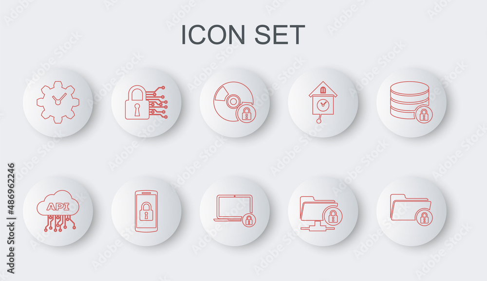 Poster set line folder and lock, cloud api interface, cd or dvd disk with, ftp folder, time management, cyb