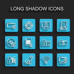 Set line Cyber security, USB flash drive with lock, Folder and, Wifi locked, FTP folder, Document, and Credit card icon. Vector