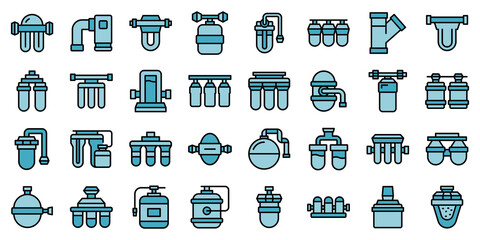 Reverse osmosis system icons set outline vector. Aqua filter. Water reverse