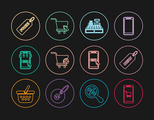 Set line Mobile and shopping cart, Price tag with New, Cash register machine, Add to Shopping, Free, and cursor icon. Vector