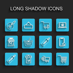 Set line Price tag with Free, Mobile and shopping cart, dollar, Shopping, basket, and New icon. Vector