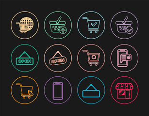 Set line Market store, Mobile and shopping basket, Shopping cart with check mark, Hanging sign Open door, globe, Refresh and Add icon. Vector