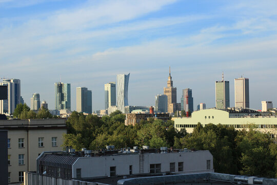 Warsaw skyline view towards city center skyscrapers. High quality photo