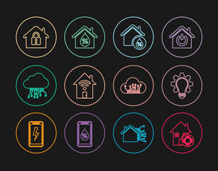 Set line Smart home, Light bulb and gear, House humidity, with wi-fi, Internet of things, under protection, and icon. Vector
