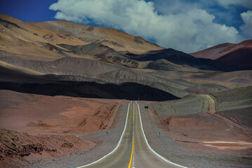 The colorful landscape on the road through remote Andean highlands to the Paso San Francisco mountain pass, on the border with Chile. Catamarca province, Argentina