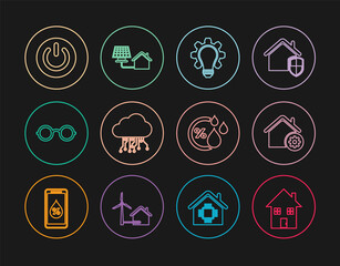 Set line House, Smart home settings, Light bulb and gear, Internet of things, Glasses, Power button, Humidity and with solar panel icon. Vector