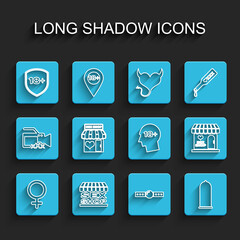 Set line Female gender symbol, Sex shop building, Shield with 18 plus, Silicone ball gag, Condom safe sex, and Head icon. Vector
