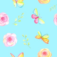Fototapeta na wymiar Watercolor seamless pattern with batterflys and flowers.