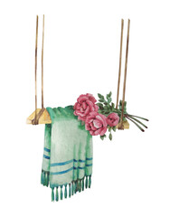 Romantic swing with a bouquet of flowers and a blanket. Watercolor drawing.