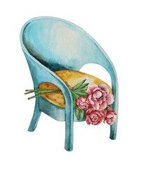 Romantic blue armchair with a bouquet of red flowers. Watercolor drawing.