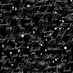 Seamless pattern with white hand write poetry on black background. Vector texture. Graphic creative idea.