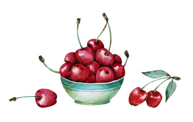 Blue plate full of cherries. Watercolor drawing.