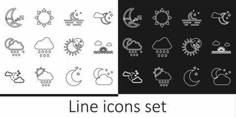 Set line Cloud with moon and stars, Sunset, Moon, rain, icon, Eclipse of the sun and icon. Vector