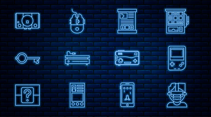 Set line Virtual reality glasses, Portable video game console, Game guide, Video, Ancient key for, Mobile and playing in and Computer mouse gaming icon. Vector