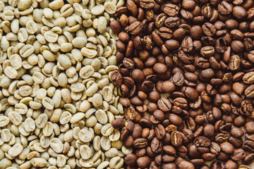 Raw green and roasted coffee beans texture background