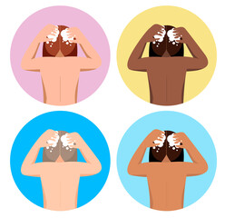 Young woman washing her head with shampoo and foam in bathroom in towel. Flat minimalist vector illustration. Hair treatment procedures. Body spa, cleaning head, cosmetic skin purity procedure