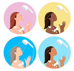 Young woman washing her head with shampoo and foam in bathroom in towel. Flat minimalist vector illustration. Hair treatment procedures. Body spa, cleaning head, cosmetic skin purity procedure