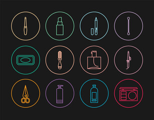 Set line Eye shadow palette, Curling iron, Eyeliner, eyebrow, Hairbrush, Bar of soap, Nail file, Perfume and Lipstick icon. Vector