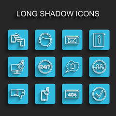 Set line Dislike, Mobile service, Chat messages on mobile, Page with 404 error, Check mark in circle, Clock 24 hours, Five stars rating review and Speech bubble chat notification icon. Vector