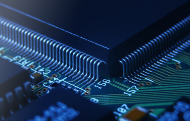 Macro photo of application specific integradet circuit in QFP package mounted on printed circuit...