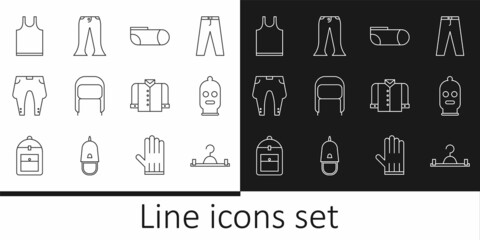 Set line Hanger wardrobe, Balaclava, Sport socks, Winter hat with ear flaps, Pants, Sleeveless T-shirt, and icon. Vector