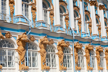 Atlantes - exterior of Catherine Palace in Rococo style in Tsarskoye Selo, Pushkin, 30 km south of Saint Petersburg in Russia