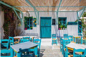 Greek restaurant. Cyclades Islands, Greece  - 486964811