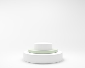 geometric three step white cylinder podium platform for cosmetic product presentation.Mock up design empty space.