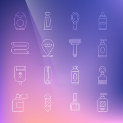 Set line Bottle of shampoo, Hairbrush, Cream or lotion cosmetic tube, Hand mirror, Barbershop, Towel, and Shaving razor icon. Vector