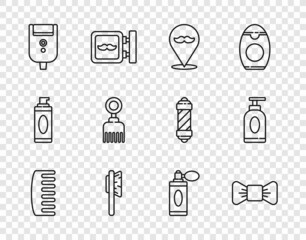 Set line Hairbrush, Bow tie, Barbershop, Electric razor blade for men, Aftershave bottle with atomizer and Cream lotion cosmetic tube icon. Vector
