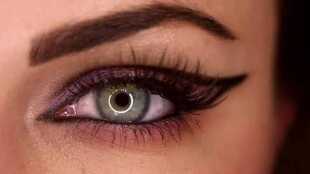 Close up of woman eye with fancy arrow make-up. Glitter shadows and false lashes. Girl, green cornea with round reflection. Fashion model, female beauty and uniqueness