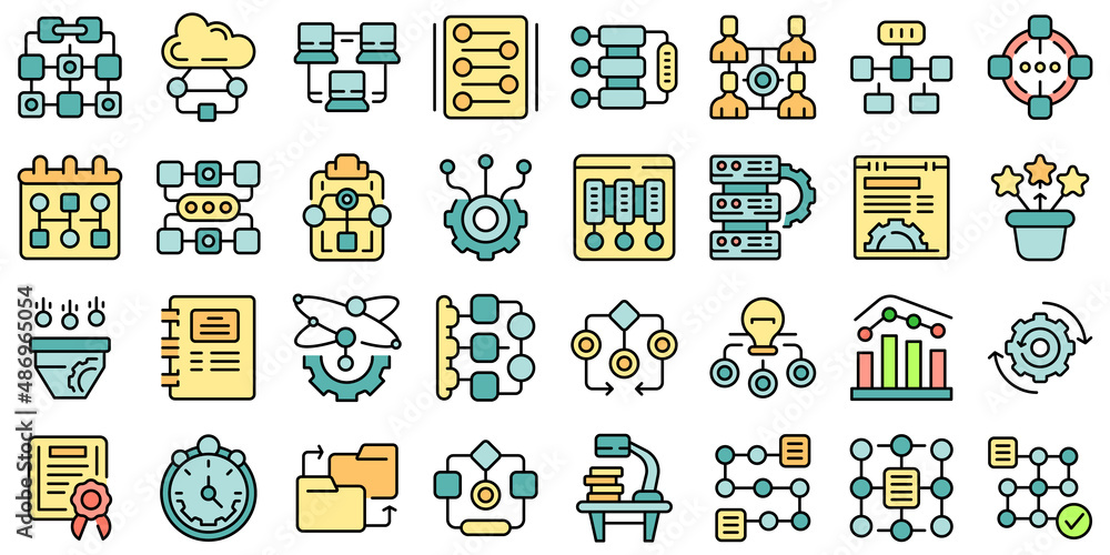 Poster workflow icons set outline vector. sitemap plan. hierarchy network
