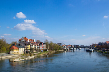 Fototapeta na wymiar Regensburg, a medieval riverside by the Danube river. High quality photo