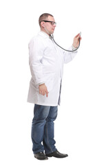 Doctor listening to patients chest with stethoscope in his office at the hospital