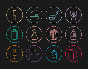 Set line Dishwashing liquid bottle and plate, Fabric softener, Brush for cleaning, Garbage bag, Paper towel roll, Adhesive roller, Trash can and Washbasin with water tap icon. Vector
