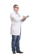 Side view of concentrated male doctor writing reports